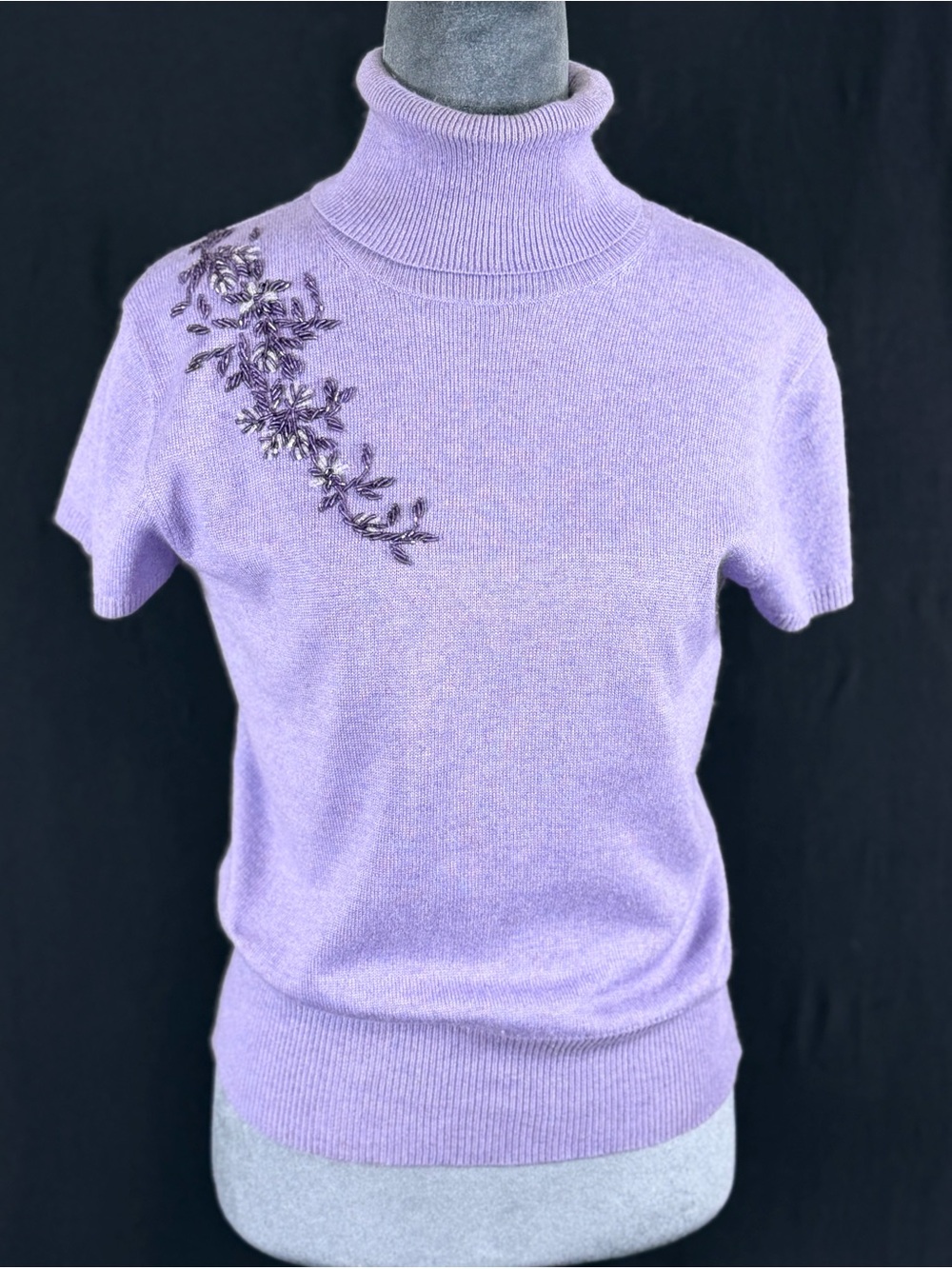 Talbots Turtleneck Sweater Silk Cashmere Beaded Lavender Short sleeve preppy